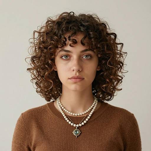 Young Woman with Curly Hair and Layered Necklaces