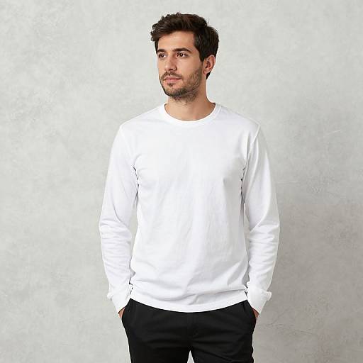 Photograph of a bearded man with short dark hair, wearing a plain white long-sleeve shirt and black pants, standing against a plain white