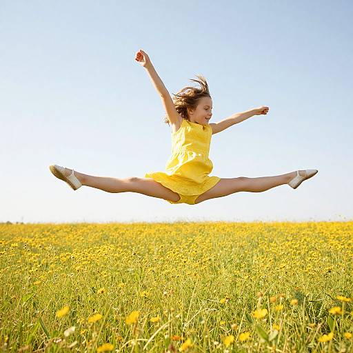 Photograph of a young girl with brown hair, wearing a yellow dress, mid-air jump in a sunlit yellow wildflower field.