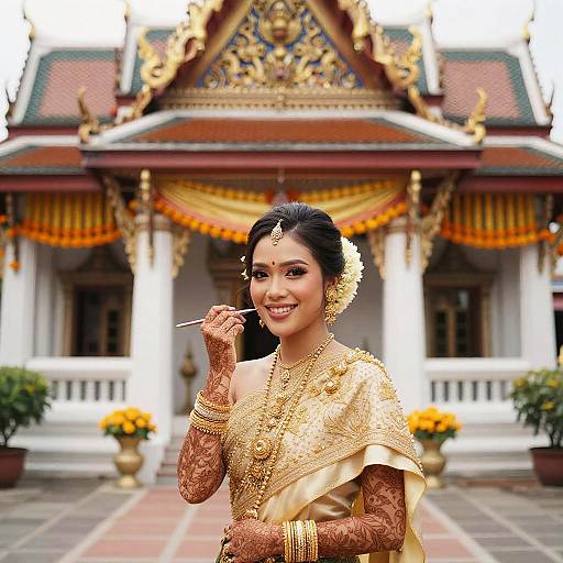Resplendent Thai Bride in Temple Courtyard