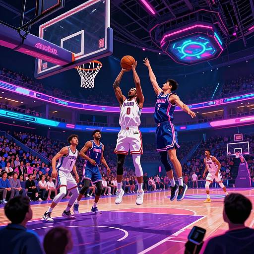 Photograph of a dynamic basketball game in a neon-lit arena, showing a player in a white uniform leaping for a shot, with opponents in