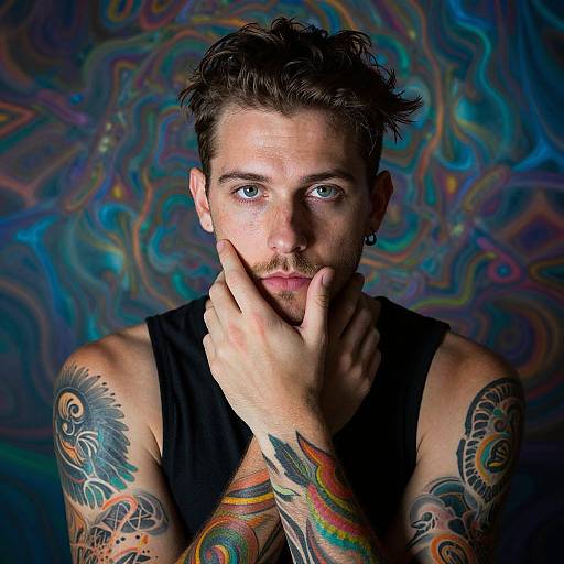 Tattooed man with short brown hair, blue eyes, black tank top, colorful arm and shoulder tattoos, hands touching face, against psychedelic blue