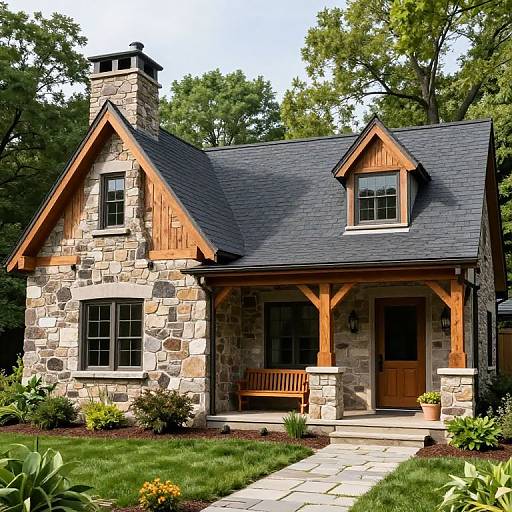 Photograph of a charming, rustic stone and wood cottage with a dark gray shingle roof, wooden porch, and lush green lawn.