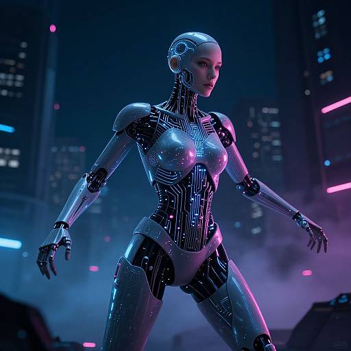 Photorealistic CGI of a futuristic, cybernetic woman with glowing neon blue and purple circuits, standing confidently in a neon-lit cityscape at