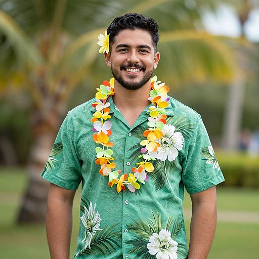 Photograph of a smiling man with dark hair and beard, wearing a green floral shirt and a colorful flower lei, standing in a tropical garden with palm