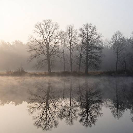 Photograph of a misty morning with leafless trees reflected in a calm, fog-covered lake, creating a serene, mirrored landscape.
