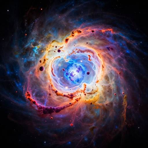 Photograph of a vibrant, swirling galaxy with a bright blue center, surrounded by colorful orange, red, and purple gas clouds and dark specks,