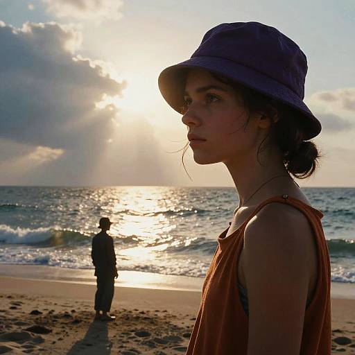 Photograph of a young woman in a brown sleeveless top and grey bucket hat, standing on a beach at sunset, with a silhouetted