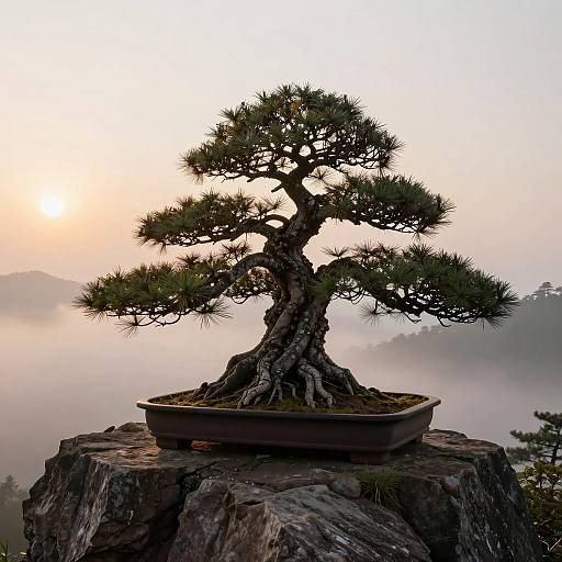 Ancient Bonsai Tree on Foggy Mountain Cliff at Sunrise