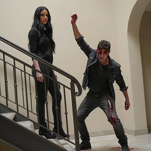 Injured man stumbling on staircase with woman nearby