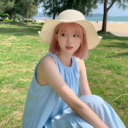 Photograph of an Asian woman with pink bob haircut, wearing a wide-brimmed straw hat and light blue sundress, sitting on grass by a
