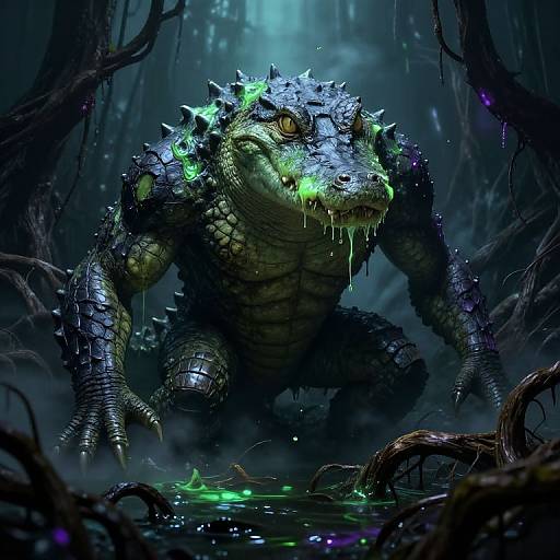 Digital art of a glowing, menacing, spiked alligator with green bioluminescence in a dark, eerie swamp, surrounded by twisted trees and glowing