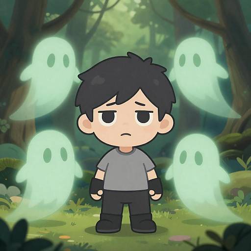 Chibi Character Surrounded by Ghostly Spirits