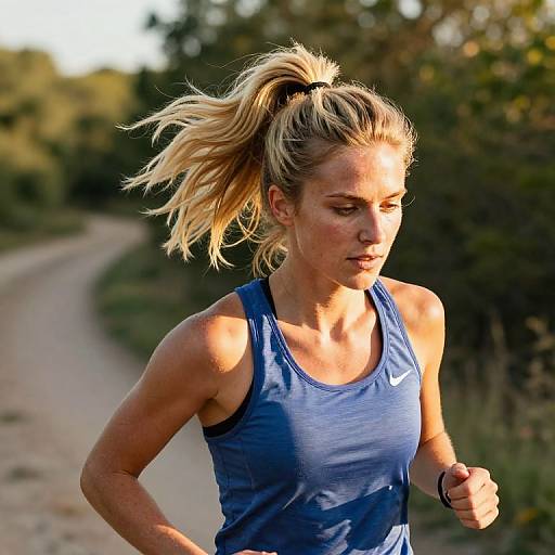Photograph of a blonde woman with a ponytail running on a sunlit, tree-lined path, wearing a blue Nike tank top, focused and determined