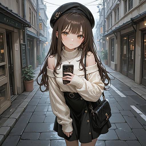 Off-Shoulder Beret Girl on Street