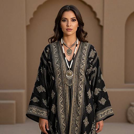 Photograph of a confident woman with medium skin tone and dark wavy hair, wearing an ornate black traditional robe with gold embroidery, and a large