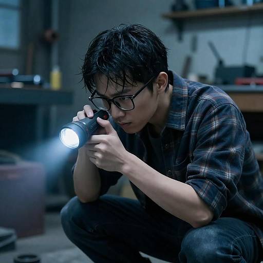 Young Man Crouching with Flashlight in Workshop