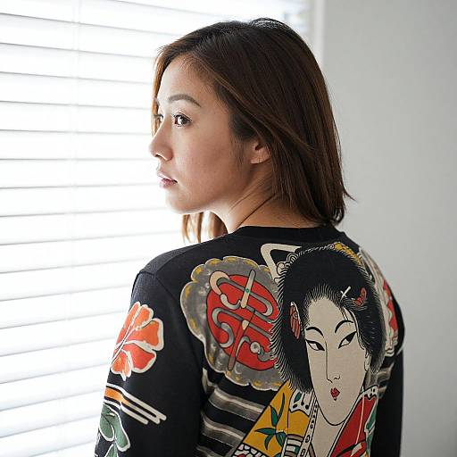 Photograph of an Asian woman with shoulder-length brown hair, wearing a black kimono with colorful traditional Japanese tattoos, standing in front of white blinds.
