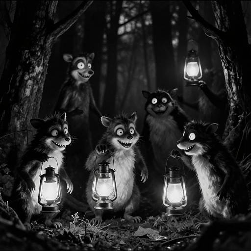 Photograph-like digital art of five eerie, glowing-eyed, furry raccoon-like creatures huddled in a dark forest, surrounding lit lanterns.