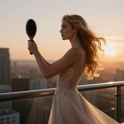 Golden-Locked Beauty on Futuristic Balcony