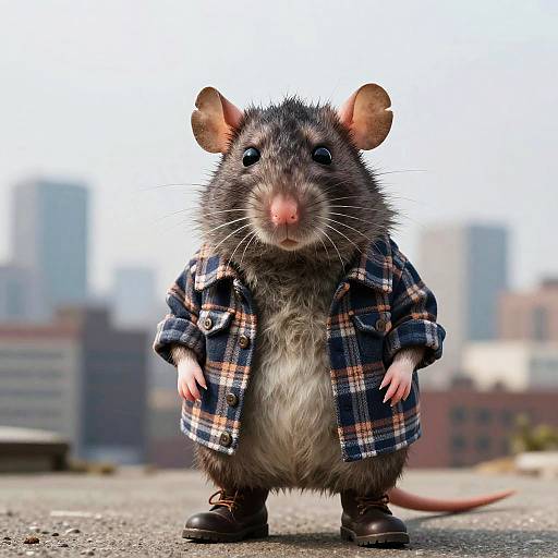 Photograph of a small, fluffy gray rat wearing a blue plaid shirt and brown shoes, standing confidently on a rooftop with a cityscape blurred in
