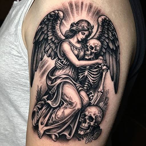 Black ink tattoo of an angel with wings, holding a skull, surrounded by smaller bones, on a person's arm. Photorealistic style.