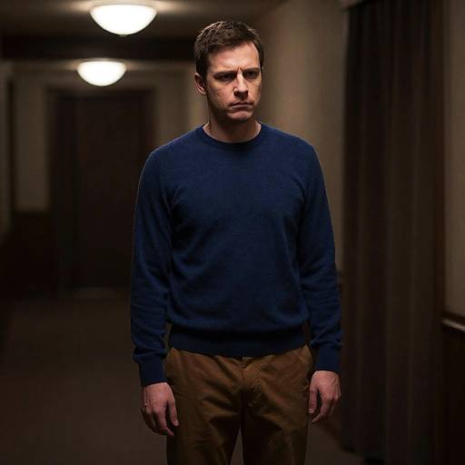 Serious Man in Dimly Lit Hallway