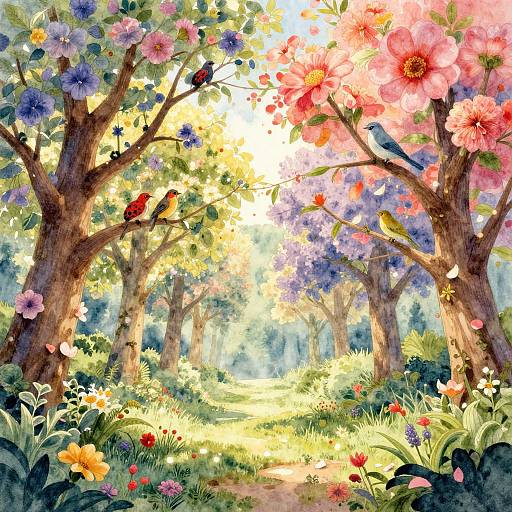 Vibrant watercolor painting of a sunlit forest path with colorful flowers, tall trees, and birds perched on branches. Bright, cheerful,
