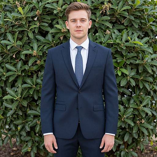 Photograph of a young white man with short brown hair, wearing a black suit, white shirt, and patterned tie, standing in front of lush