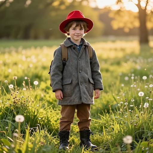 Photograph of a young boy with curly brown hair, wearing a red hat, gray coat, brown pants, black boots, and backpack, standing in