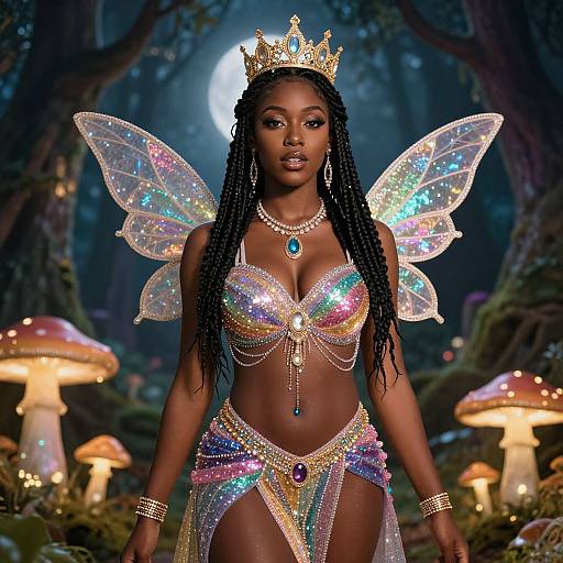Digital fantasy artwork of a dark-skinned, braided African fairy with iridescent wings, crown, and sequined lingerie, standing in a moon