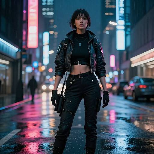 Cyberpunk photograph: Confident woman with short black hair, black crop top, leather jacket, and black pants stands on rainy city street, glowing