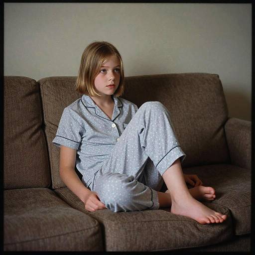 Photograph of a young girl with blonde hair, wearing light blue, polka-dot pajamas, sitting barefoot on a brown couch.