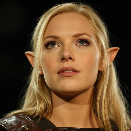 Photograph of a blonde, blue-eyed elf woman with pointed ears, wearing a brown leather garment, against a black background.