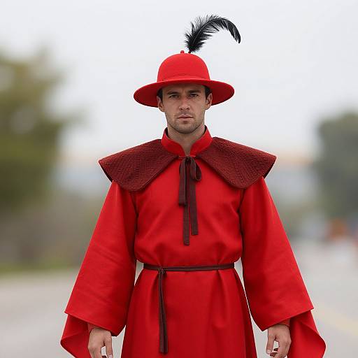 Photograph of a man in a bright red Renaissance-style outfit with black feathered hat, brown shoulder pads, and black ribbon, standing outdoors with blurred