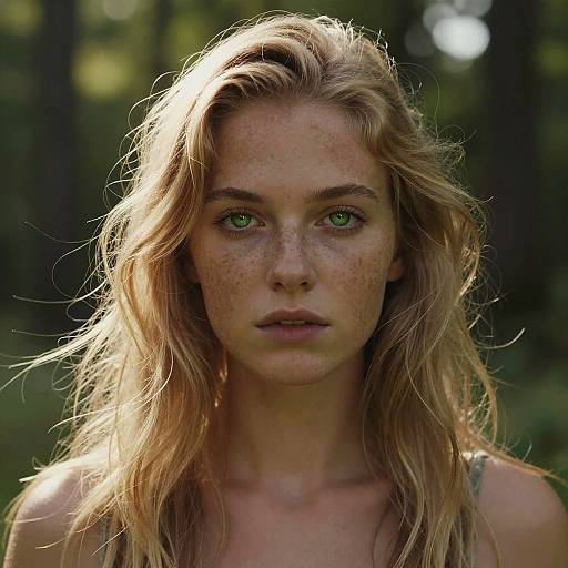 Photograph of a freckled young woman with long, wavy blonde hair and striking green eyes, standing in a sunlit forest. She wears