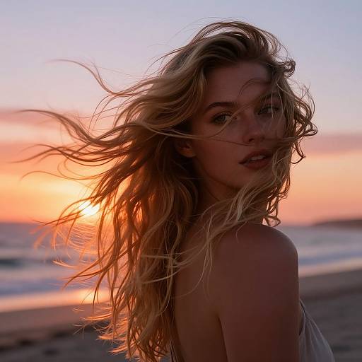 Blonde Hair Flowing at Sunset Beach