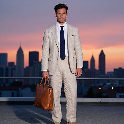 Photograph of a handsome man in a white suit, black tie, and brown leather briefcase, standing on a rooftop at sunset with a city skyline
