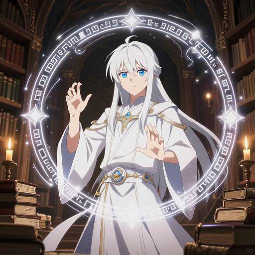 Anime-style digital drawing of a white-haired, blue-eyed mage in a white robe, casting a magical circle in a dimly lit library.