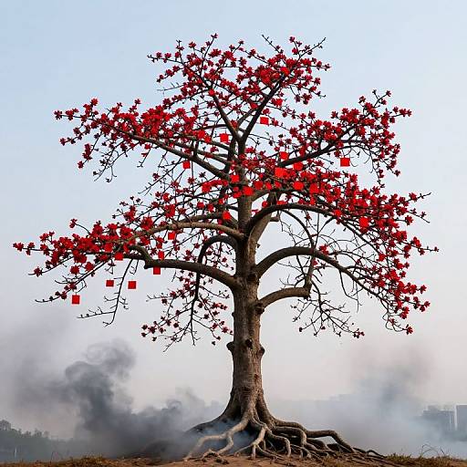 Digital artwork of a solitary tree with vibrant red leaves, small red squares, and intricate roots against a misty, foggy background.