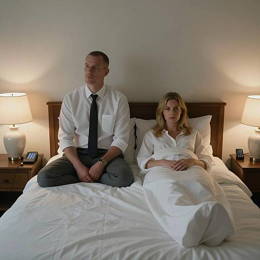 Couple Sitting on Bed in Dimly Lit Bedroom