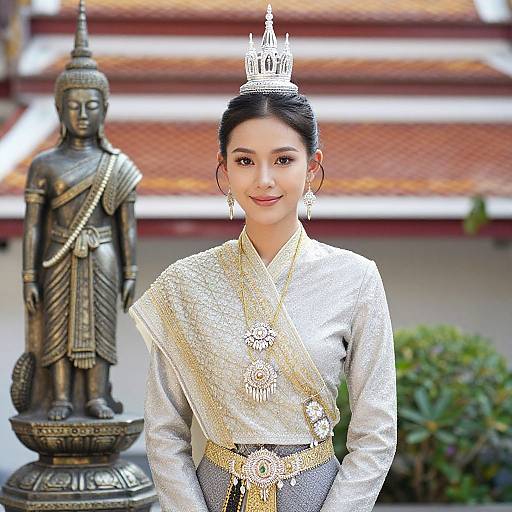 Photograph of an elegant Thai woman with black hair in an updo, wearing a silver and gold traditional dress and crown, standing in front of a