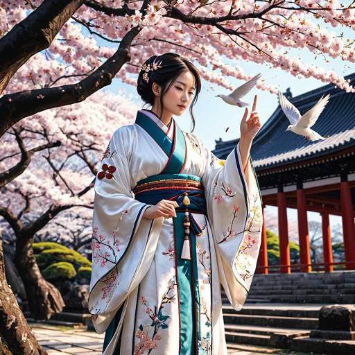 Serene Priestess in Traditional Robe with Doves and Cherry Blossoms