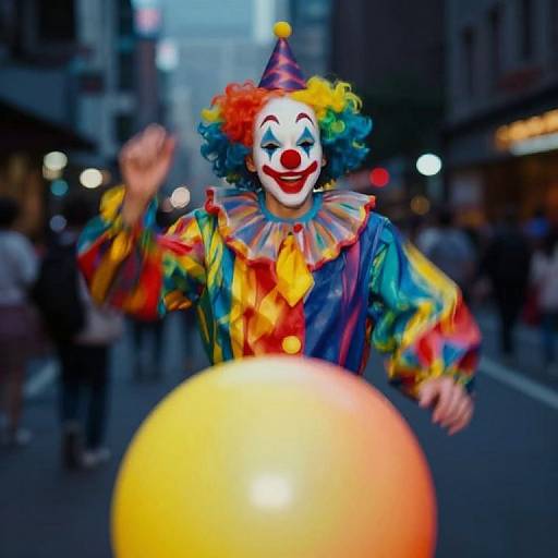 Colorful clown with white face paint, red nose, and multicolored wig waves at a street festival, holding a large yellow balloon.