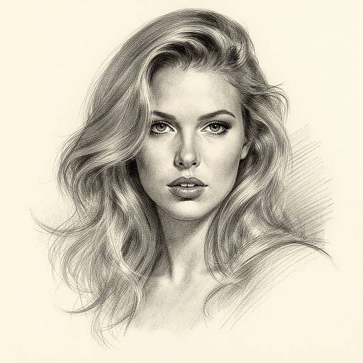 Black-and-white pencil drawing of a beautiful woman with wavy, shoulder-length hair, intense gaze, and subtle makeup, against a plain white background.