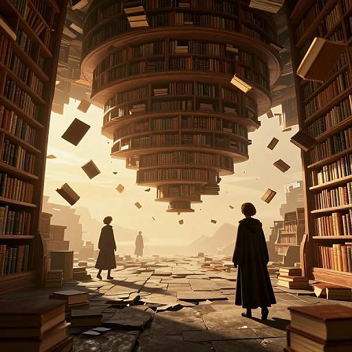 Digital illustration of a sunlit, chaotic library with floating books, towering cylindrical shelves, and silhouetted figures in long coats.
