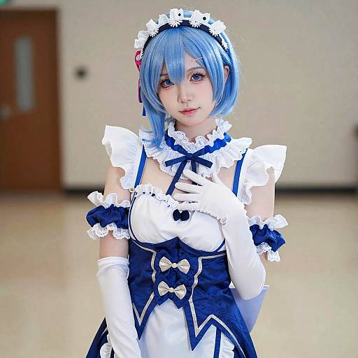 Photograph of a young Asian woman with blue bob haircut, wearing a blue and white maid cosplay outfit with lace, bows, and gloves, standing in