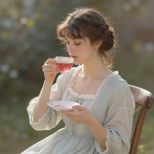 Photograph of a young woman with fair skin and brown hair in an updo, wearing a light blue, lace-trimmed dress, sipping