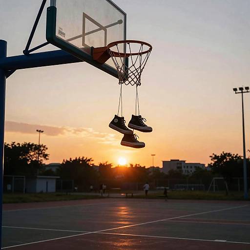 Shoes Hanging from Basketball Hoop at Sunset