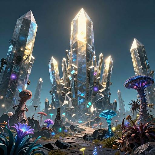 Digital artwork of a glowing crystal city with towering, illuminated crystals, surrounded by vibrant, bioluminescent flora in a mystical, otherworldly forest